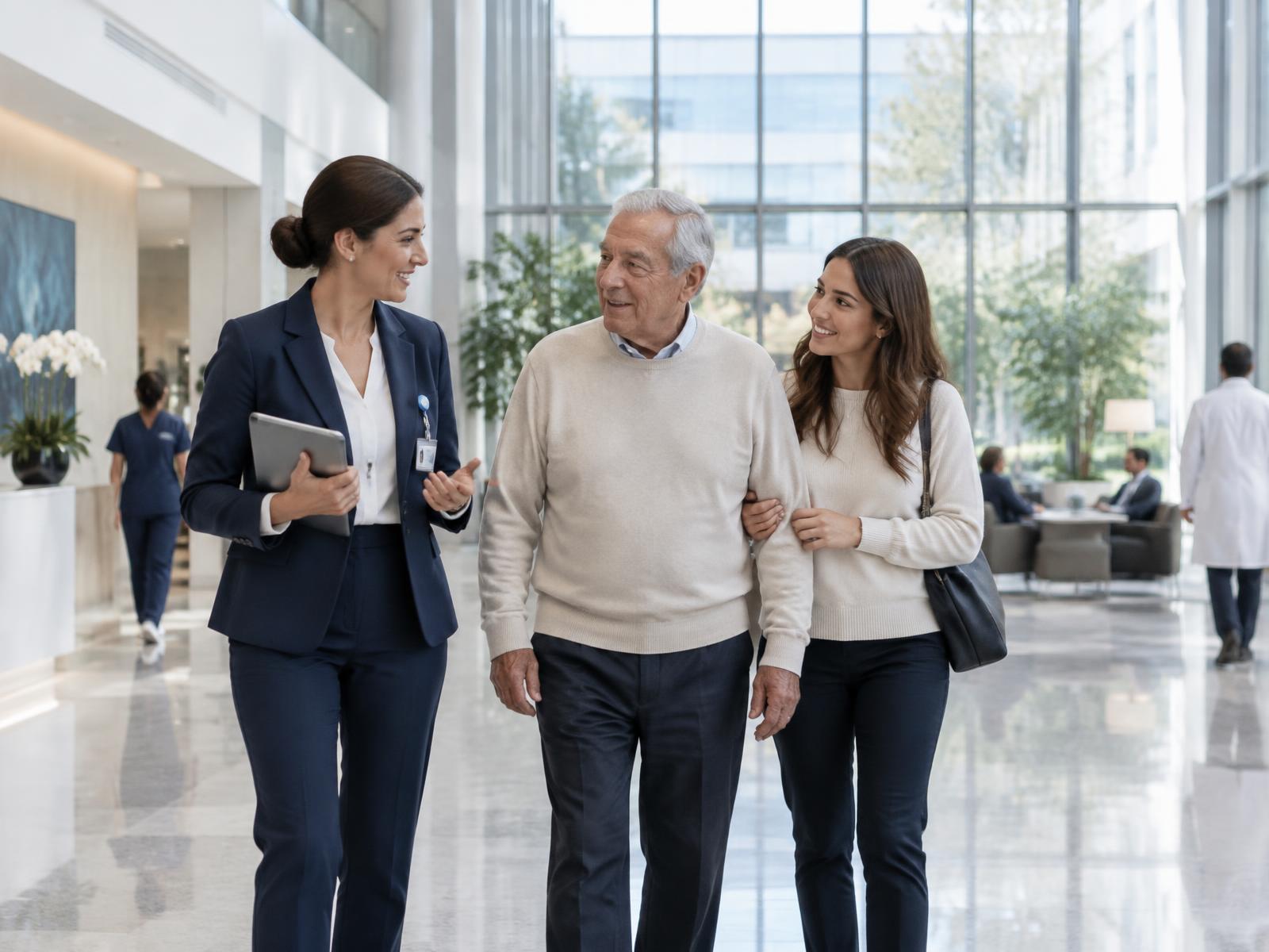 A medical coordinator walking with a patient and his daughter through a hospital atrium